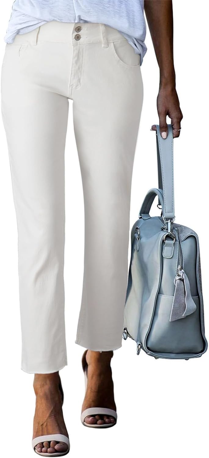 Women's High Waisted Jeans Strechy Raw Hem Straight Leg Denim Pants with Pockets