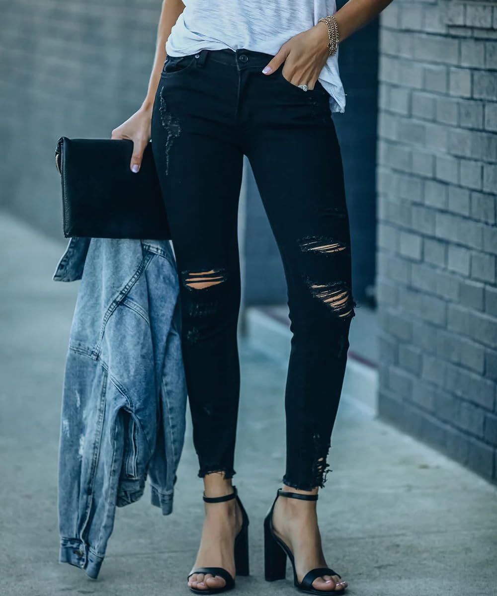 Women's Ripped Skinny Jeans Distressed Stretchy Denim Pants