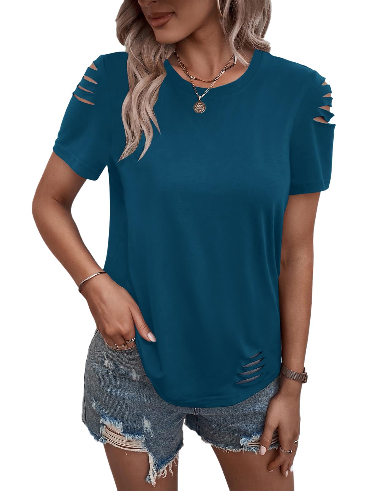 Women's Short Sleeve T Shirts Crew Neck Ripped Cut Out Summer Casual Basic Tees Tops