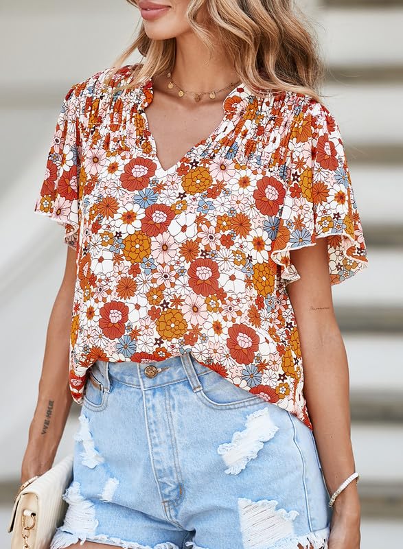 Women's Casual V Neck Floral Print Smocked Short Sleeve Chiffon Blouses Bohemian Top Shirts