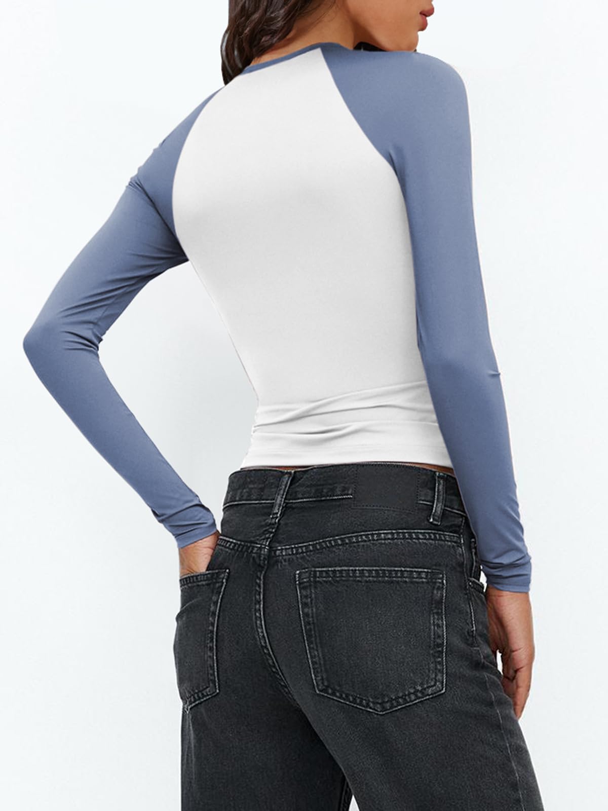 Women's Long Sleeve Shirts Slim Fit Stretchy Color Block Slightly Cropped Tops