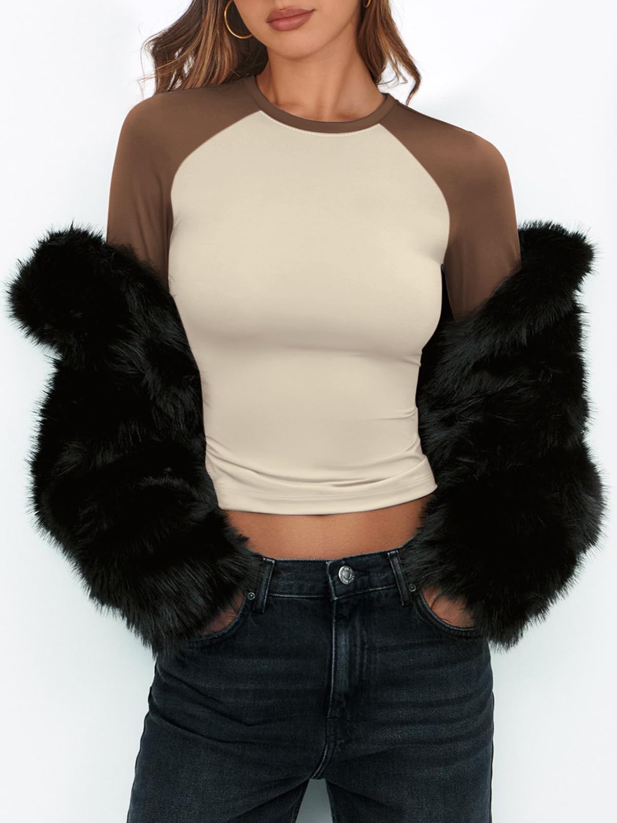 Women's Long Sleeve Shirts Slim Fit Stretchy Color Block Slightly Cropped Tops