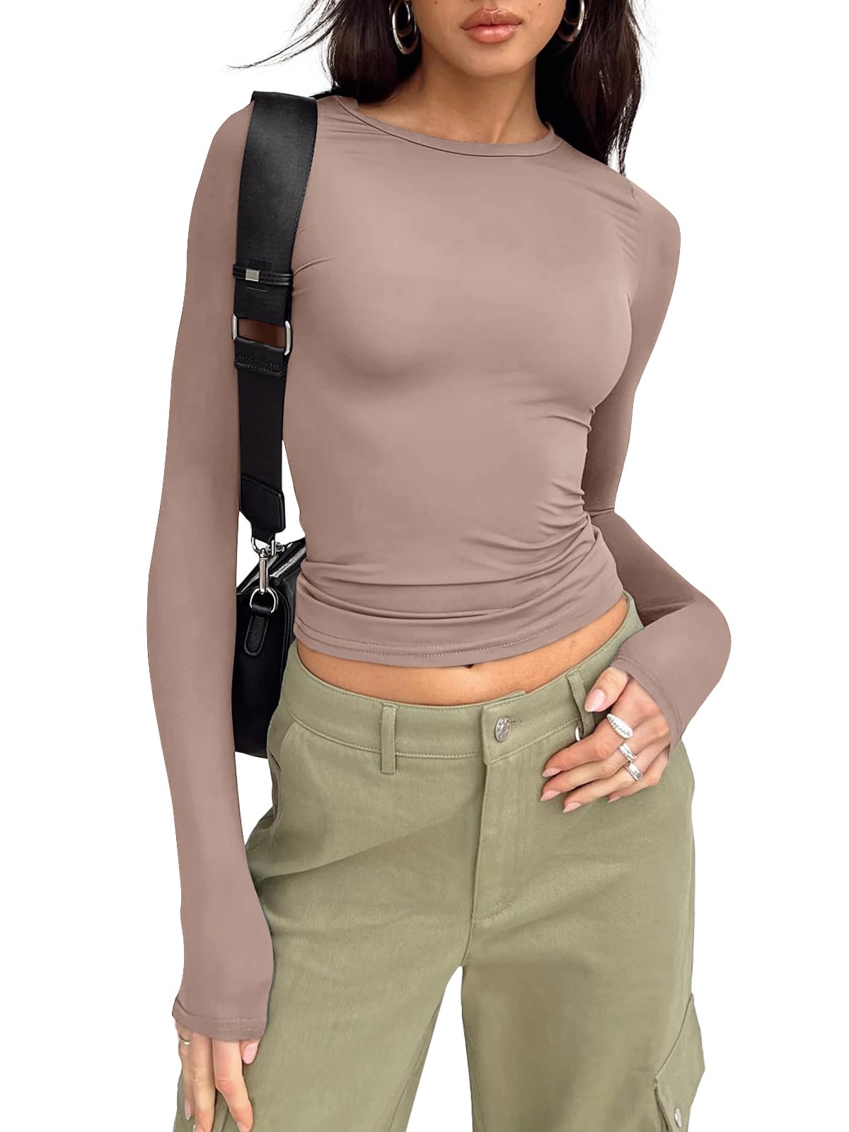 Trendy Queen Womens Long Sleeve Shirts Basic Crop Tops Tight Slim Fit Cute Teen Girls Fall Winter Y2k Clothes