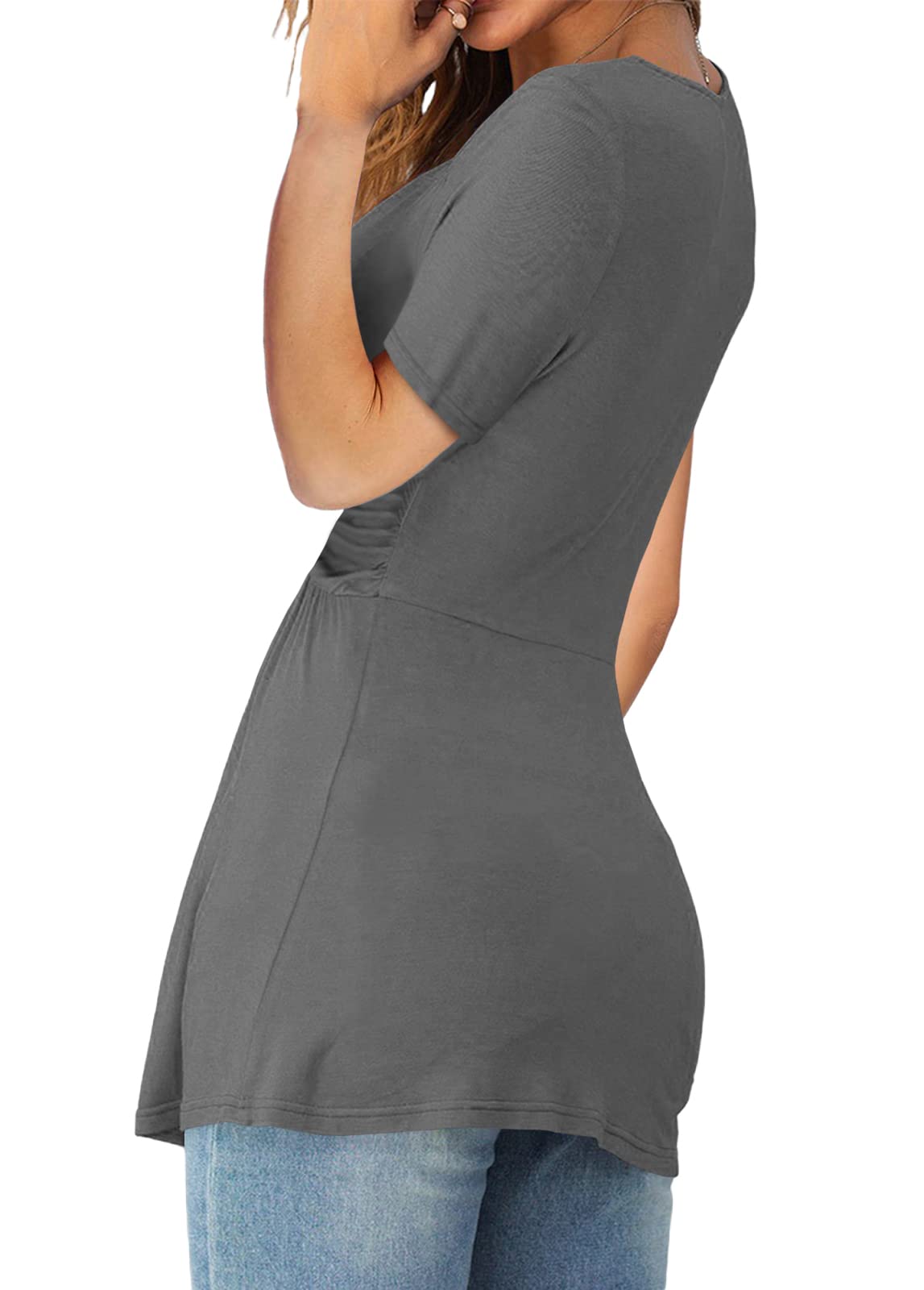 Womens Front Knotted V-Neck Blouse T Shirt Short Sleeve Oversized Tunic Tops Summer Solid Pullover Tees