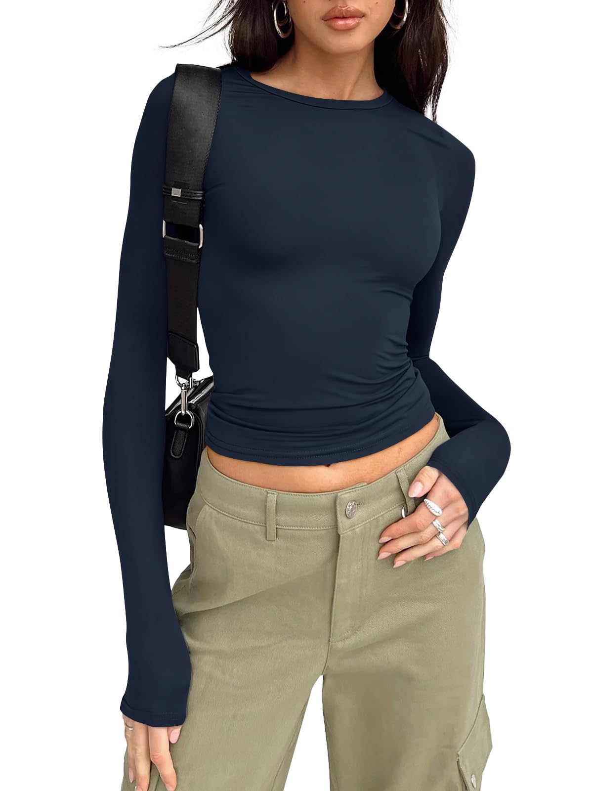 Trendy Queen Womens Long Sleeve Shirts Basic Crop Tops Tight Slim Fit Cute Teen Girls Fall Winter Y2k Clothes
