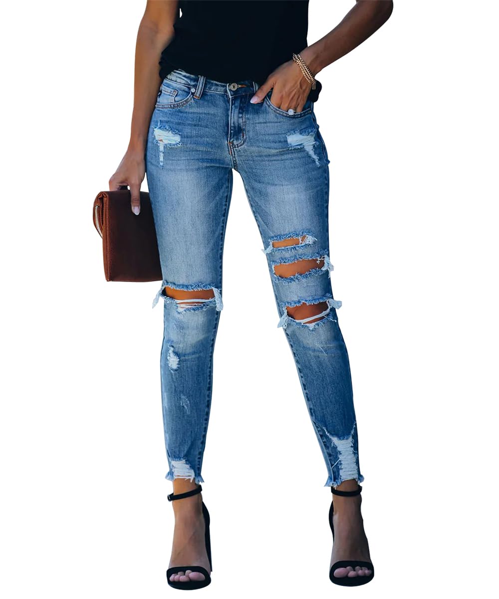 Women's Ripped Skinny Jeans Distressed Stretchy Denim Pants