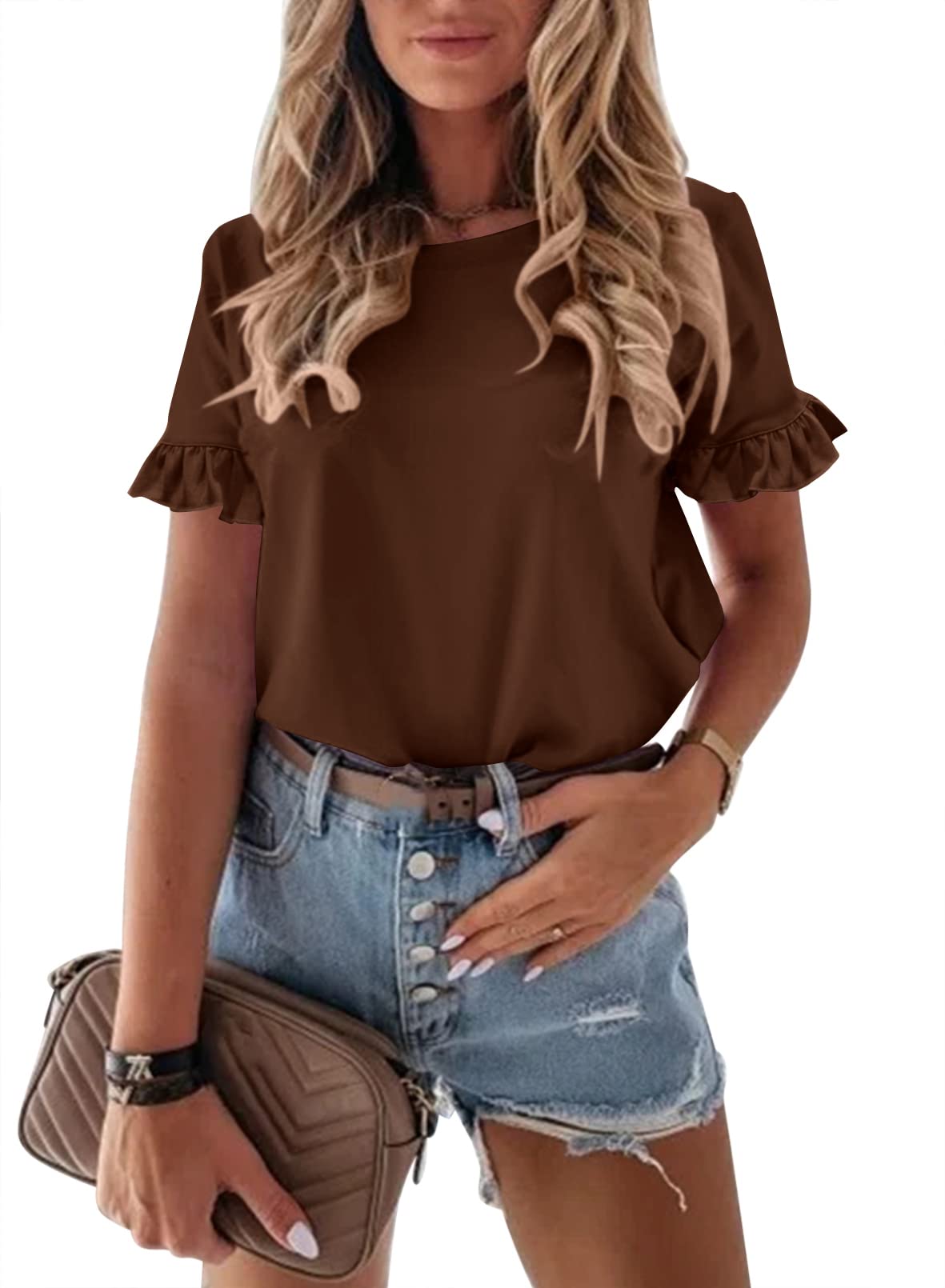 Women's Short Sleeve Casual T Shirts Summer Ruffle Plain Round Neck Loose Fit Tee Blouse Tops