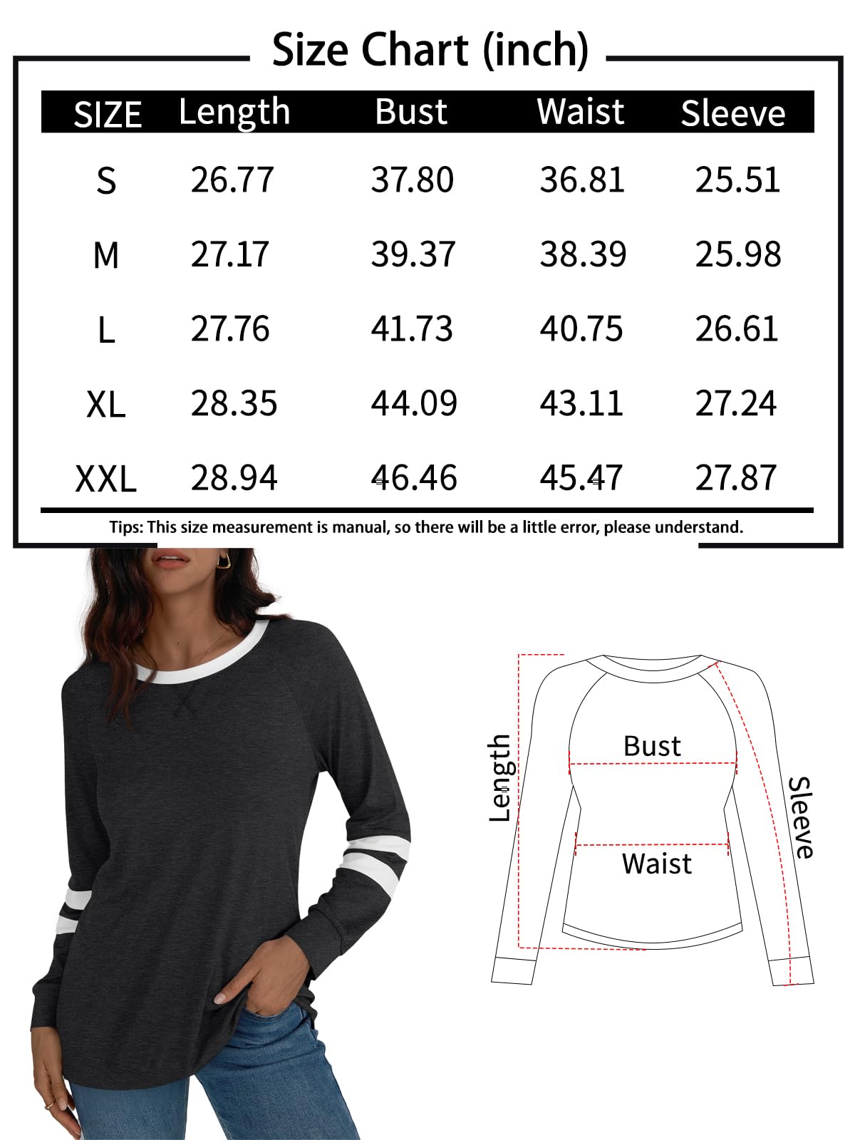 Womens Long Sleeve Shirts Color Block Casual Crewneck Tops Tshirt