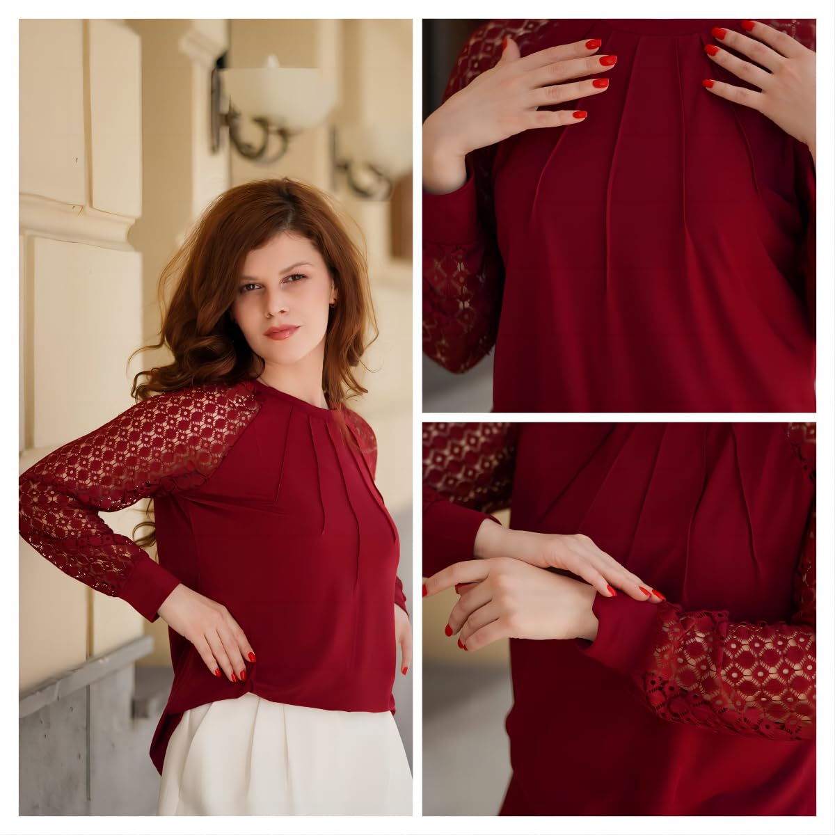 Women's Lace Long Sleeve Tops Dressy Business Casual Blouses Front Pleated Work Shirts