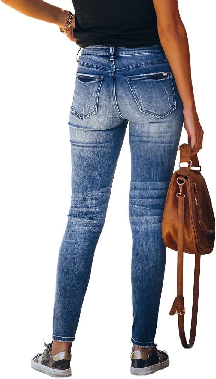 Women's High Rise Skinny Stretch Ripped Jeans High Waisted Destroyed Denim Pants