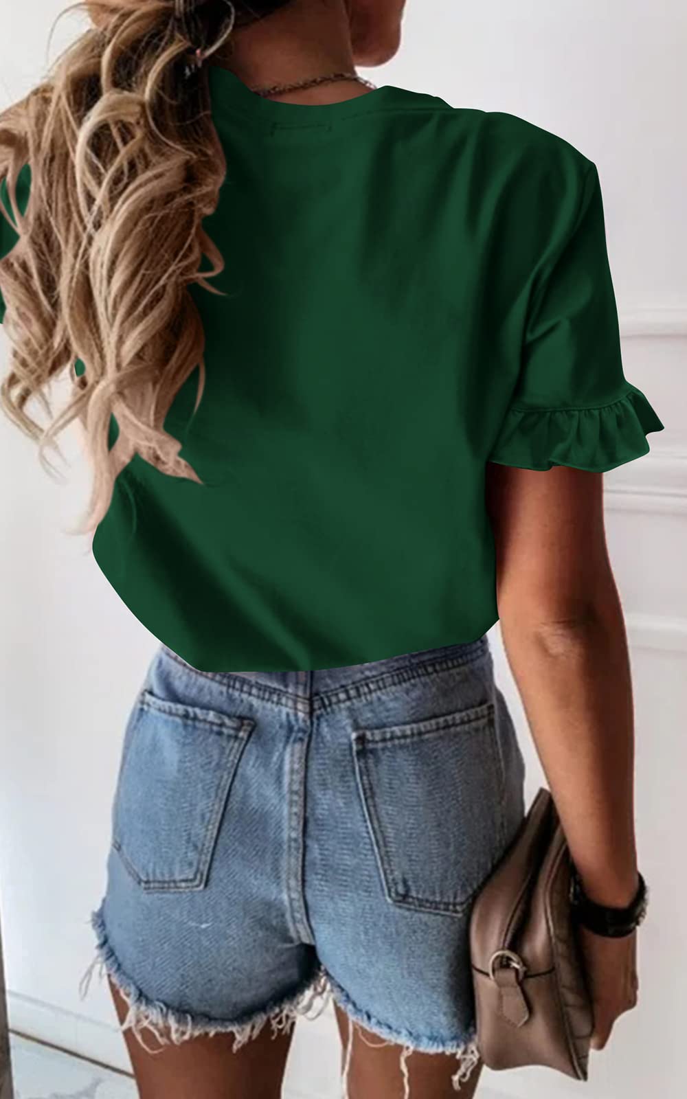 Women's Short Sleeve Casual T Shirts Summer Ruffle Plain Round Neck Loose Fit Tee Blouse Tops
