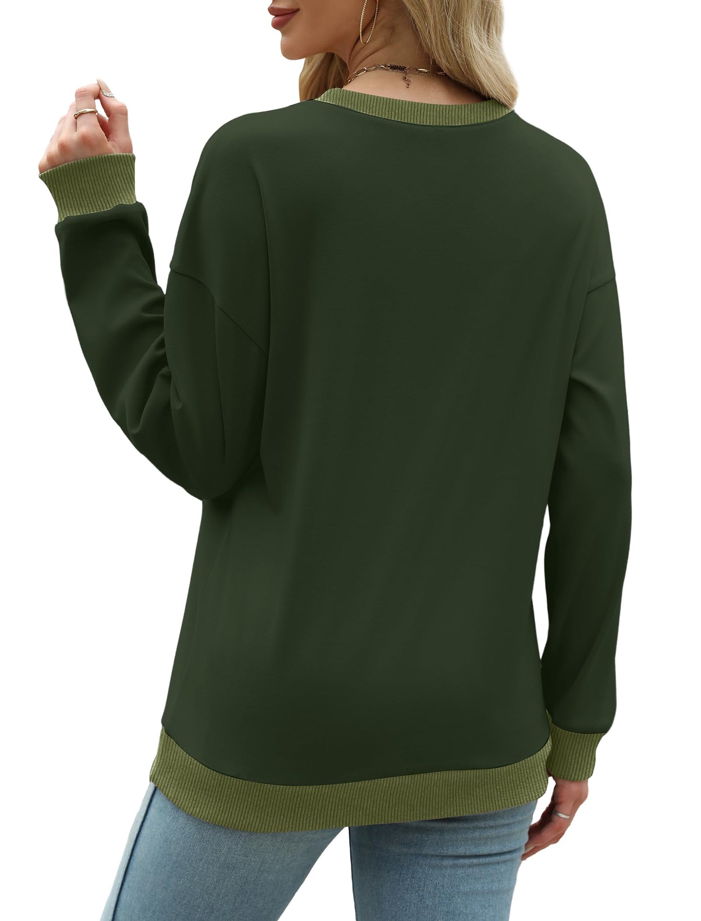 Sweatshirts for Women Crewneck Long Sleeve Loose Fit Tops Color Block Ribbed Trim Fashion