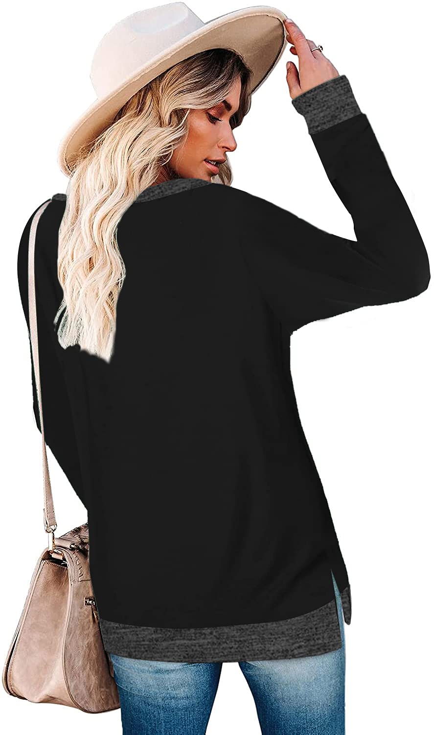 Womens Crewneck Pullovers Color Block Long Sleeve Side Split Tunic Tops
