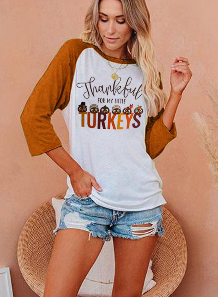 Thankful for My Little Turkeys Shirt Women Thanksgiving Tshirt Cute Graphic Raglan 3/4 Sleeve Baseball Tee Tops