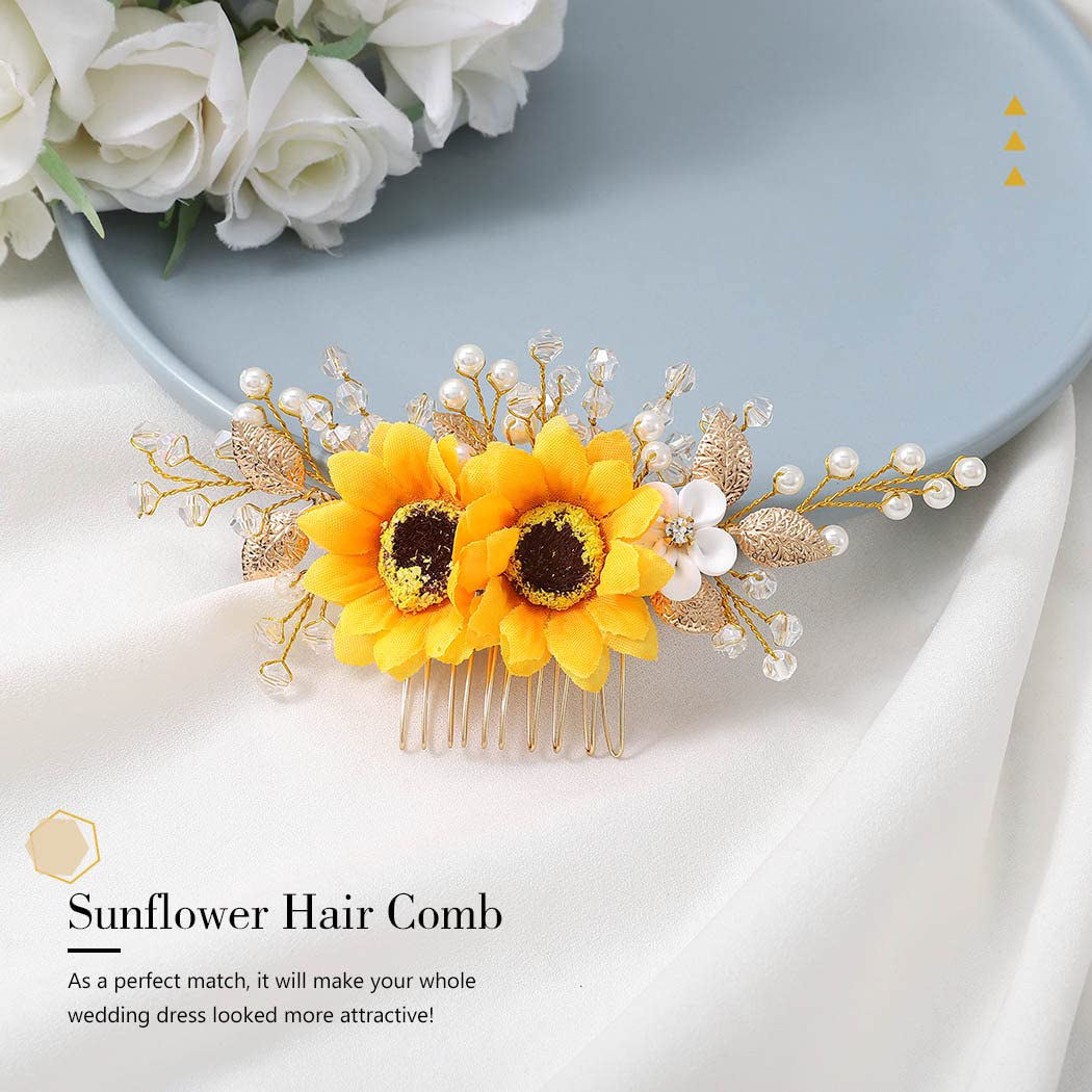 Jeairts Sunflower Bride Wedding Hair Comb Crystal Pearl Bridal Hair Pieces Leaf Side Combs Hair Dress Decorative Hair Accessories for Women and Girls (1-Silver)