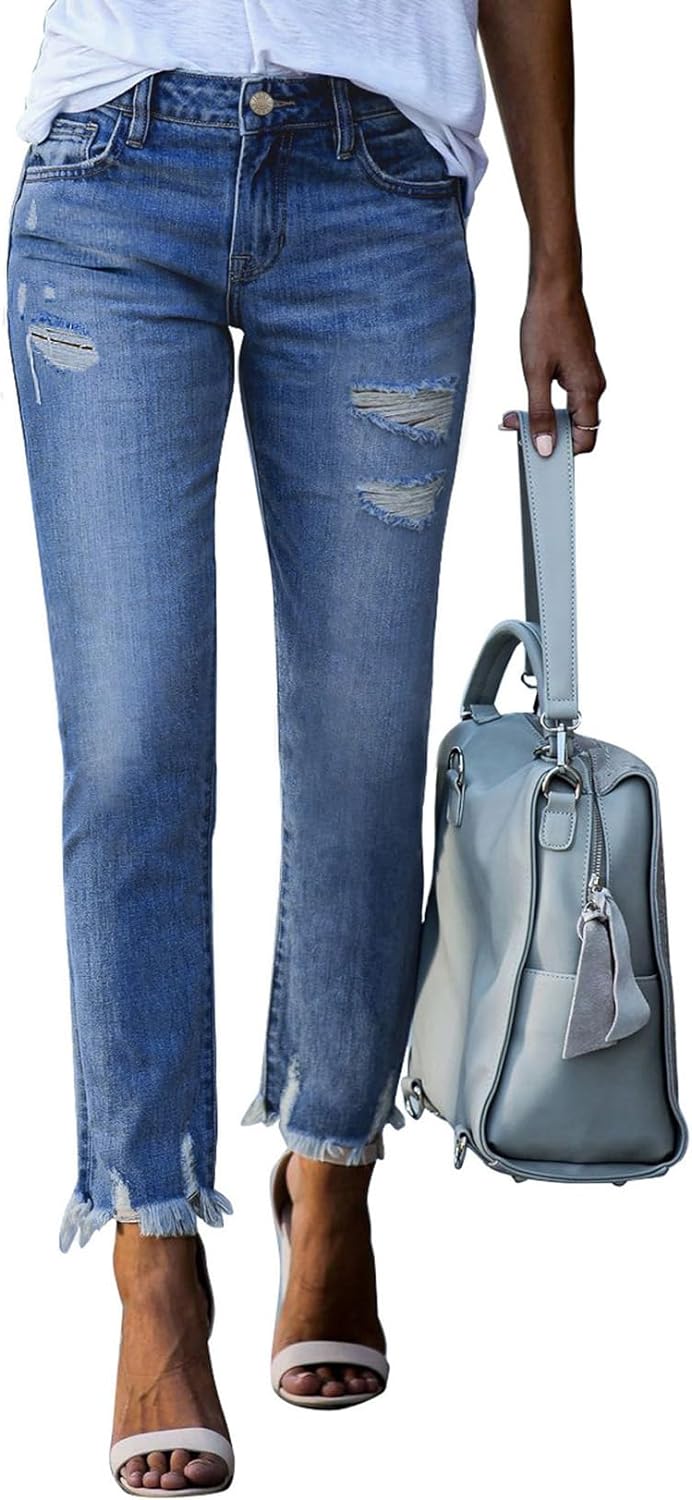 Women's Ripped Jeans Straight Leg Distressed Boyfriend Denim Pants