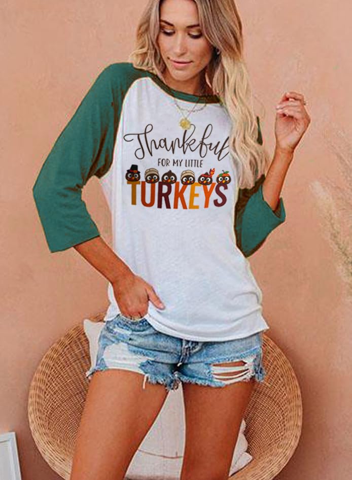 Thankful for My Little Turkeys Shirt Women Thanksgiving Tshirt Cute Graphic Raglan 3/4 Sleeve Baseball Tee Tops