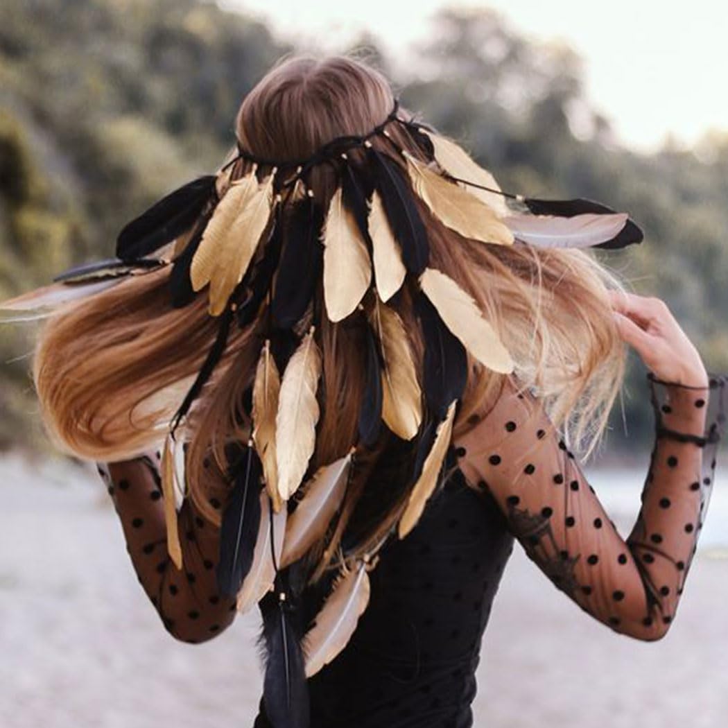 GORTIN Boho Feather Headband Gypsy Headpiece Headdress Bohemian Hippie Headbands Indian Festival Hair Band Adjust Long Feather Hair Accessories for Women and Girls (Black+Green)