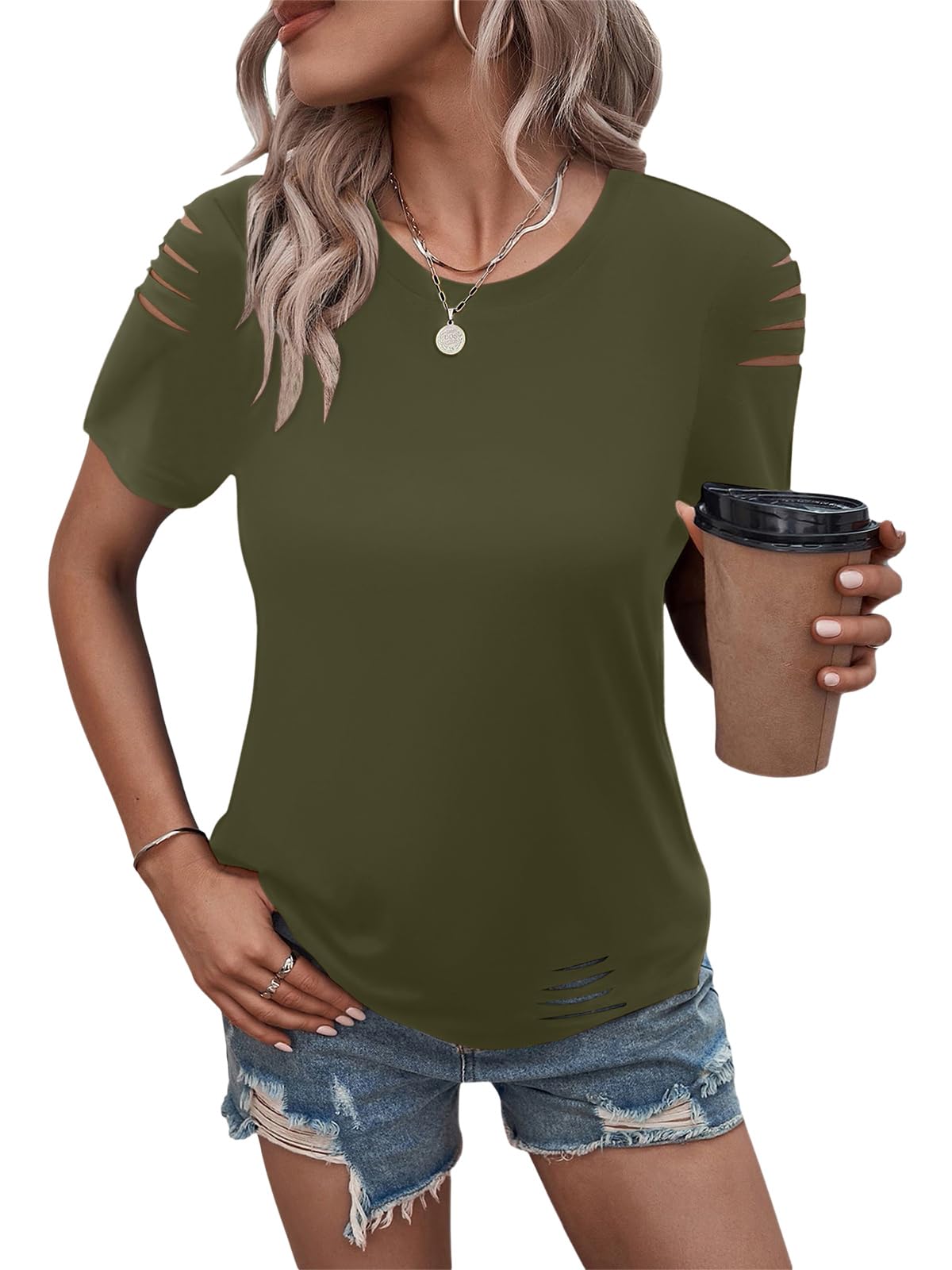 Women's Short Sleeve T Shirts Crew Neck Ripped Cut Out Summer Casual Basic Tees Tops