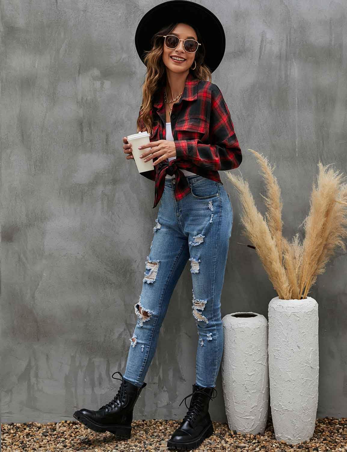 Women's Button Down Flannel Shirts Plaid Shacket Long Sleeve Collared Business Casual Tops Work Blouses