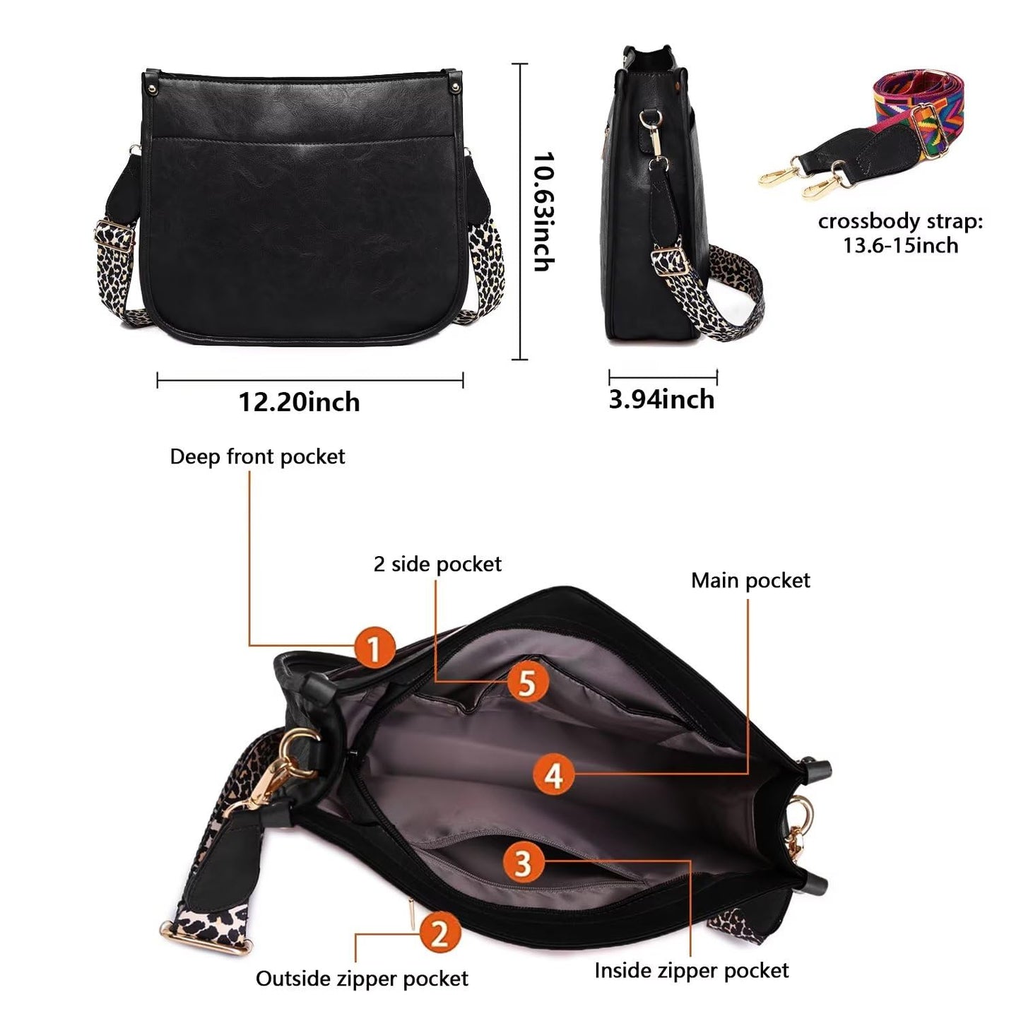 Vegan Leather Crossbody Bags for Women, Crossbody Purse with Guitar Strap Zipped Pockets Handbag