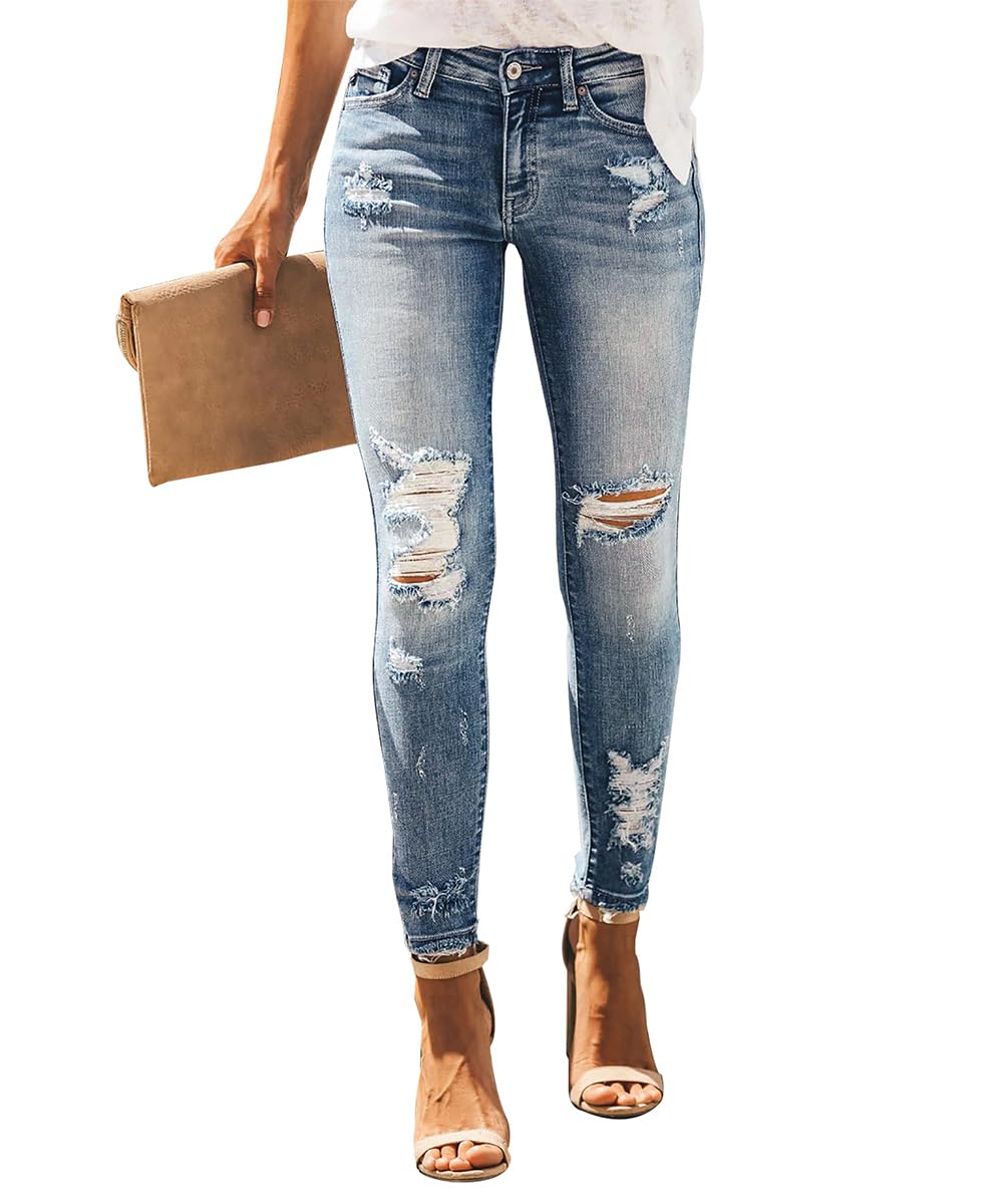 Women's Ripped Skinny Jeans Distressed Stretchy Denim Pants