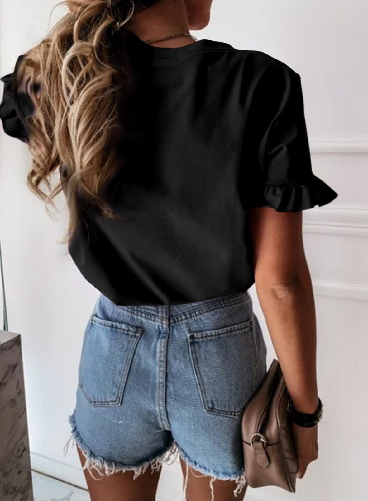 Women's Short Sleeve Casual T Shirts Summer Ruffle Plain Round Neck Loose Fit Tee Blouse Tops