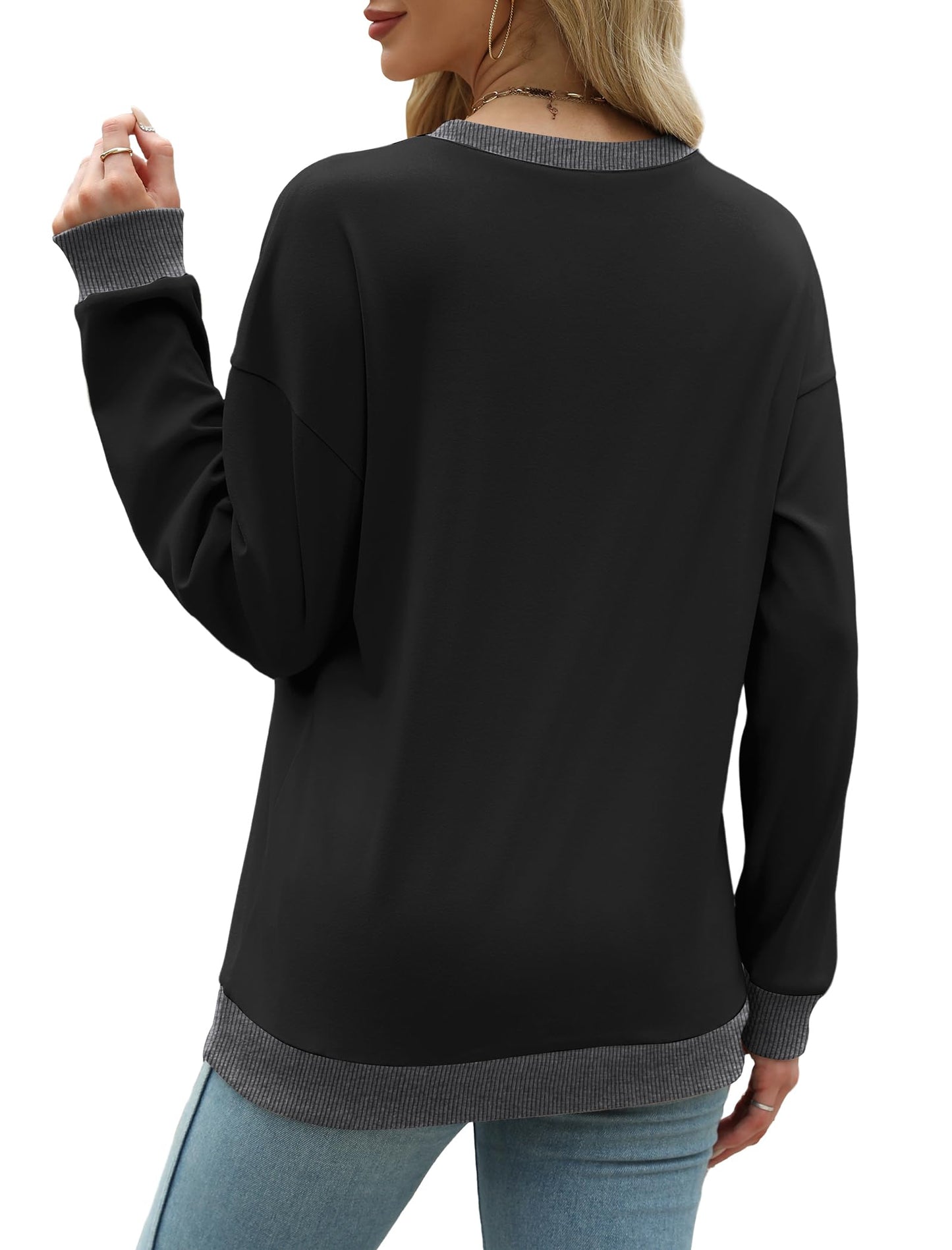 Sweatshirts for Women Crewneck Long Sleeve Loose Fit Tops Color Block Ribbed Trim Fashion
