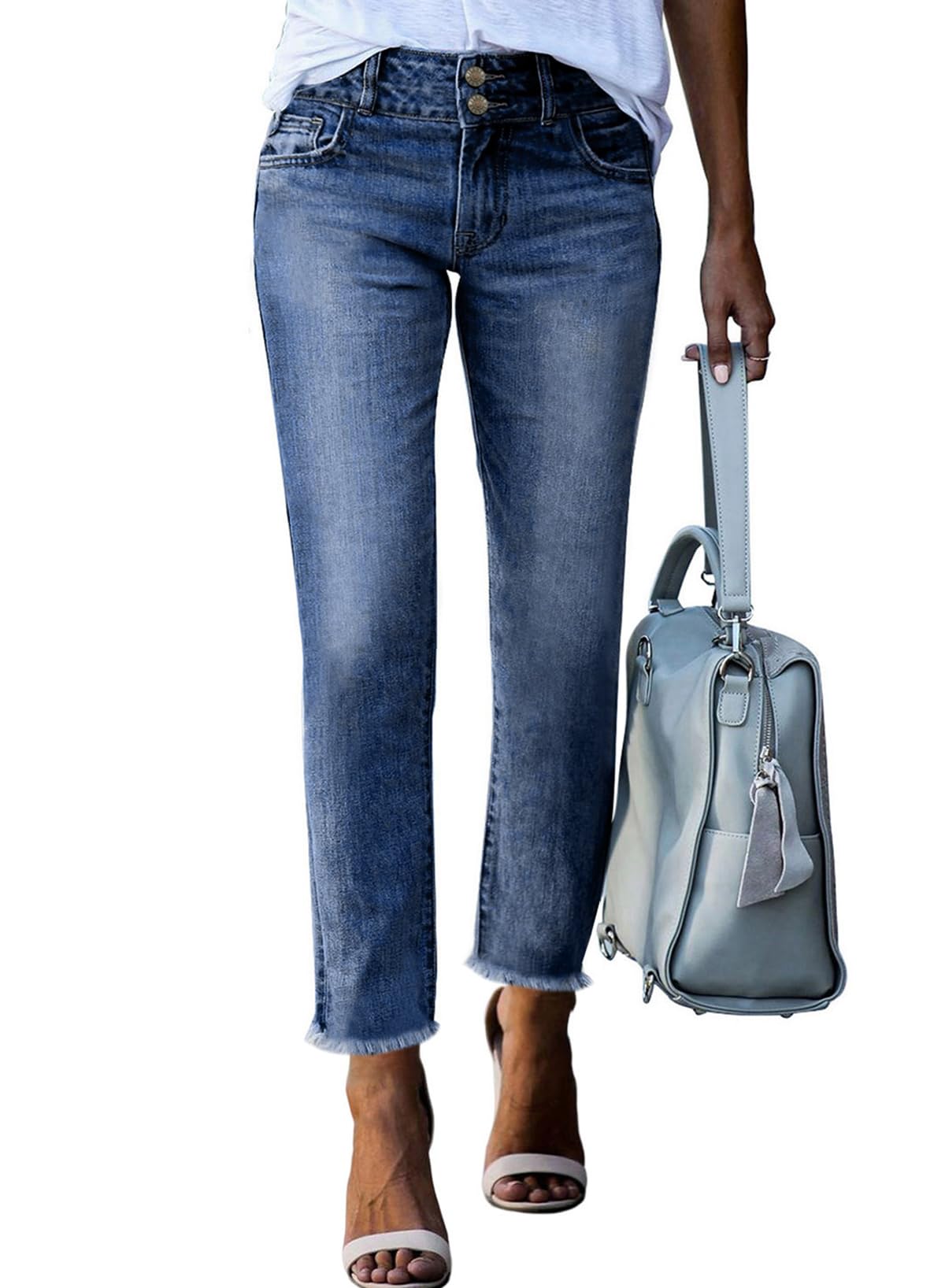 Women's High Waisted Jeans Strechy Raw Hem Straight Leg Denim Pants with Pockets