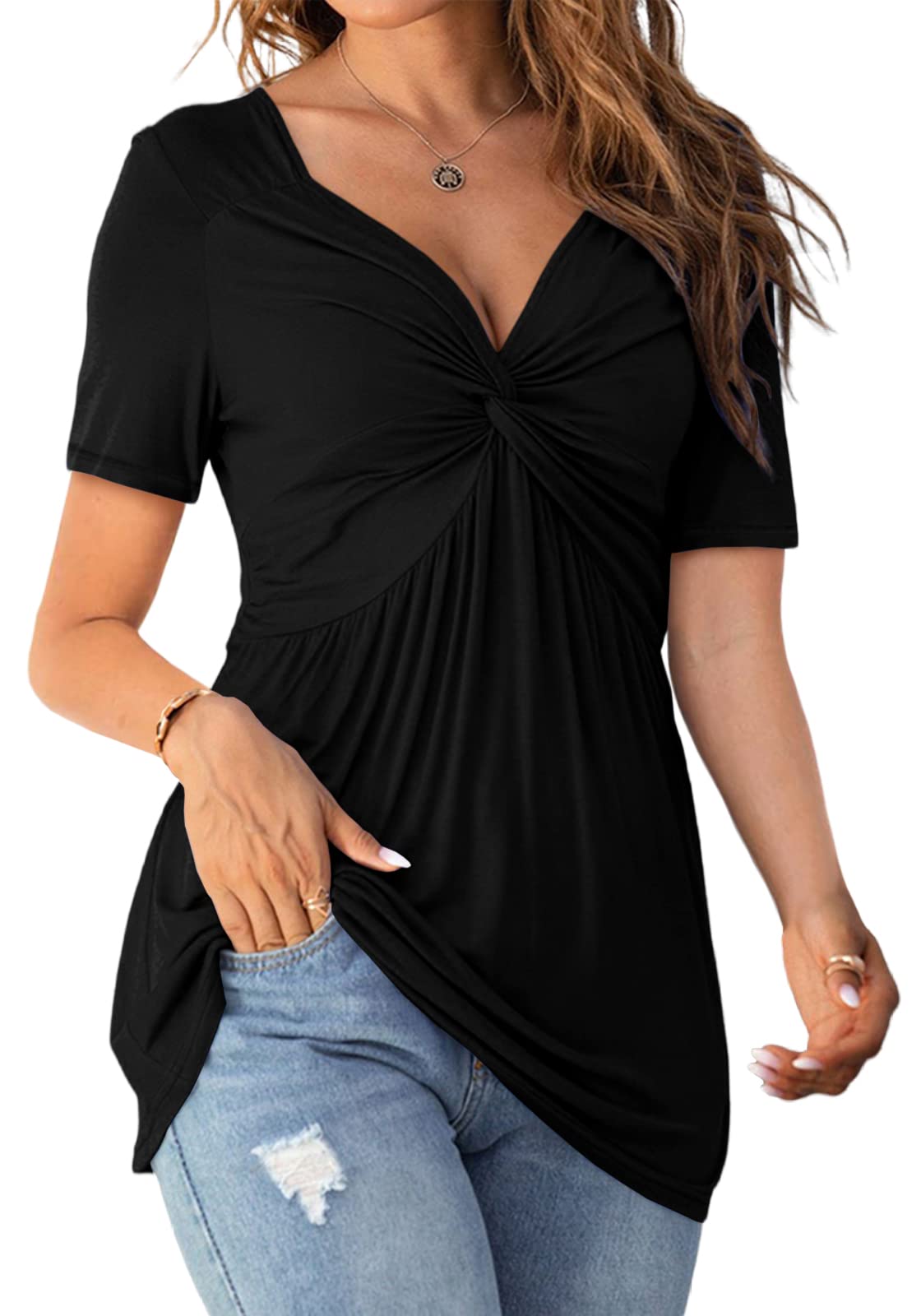 Womens Front Knotted V-Neck Blouse T Shirt Short Sleeve Oversized Tunic Tops Summer Solid Pullover Tees