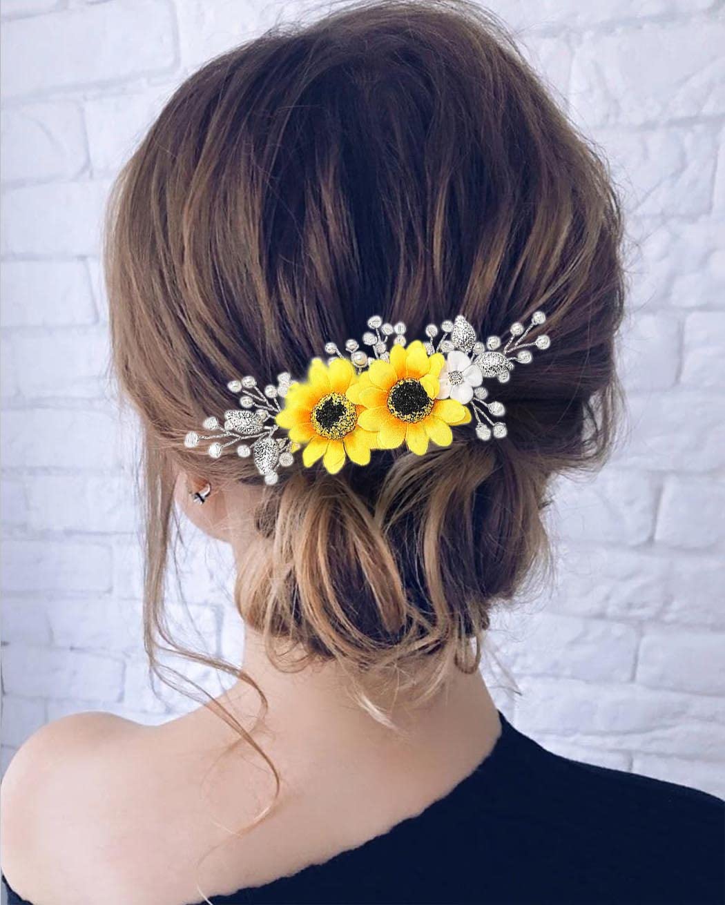 Jeairts Sunflower Bride Wedding Hair Comb Crystal Pearl Bridal Hair Pieces Leaf Side Combs Hair Dress Decorative Hair Accessories for Women and Girls (1-Silver)