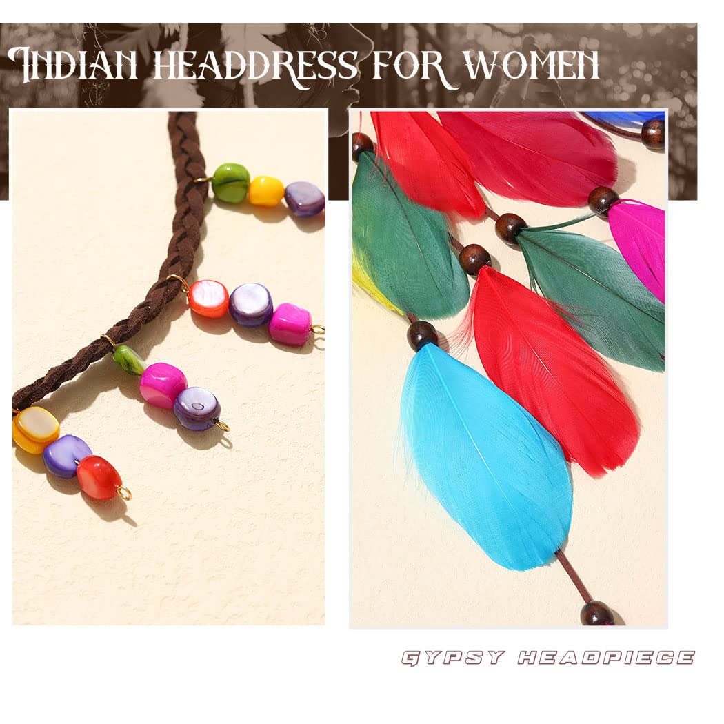 GORTIN Boho Feather Headband Gypsy Headpiece Headdress Bohemian Hippie Headbands Indian Festival Hair Band Adjust Long Feather Hair Accessories for Women and Girls (Black+Green)