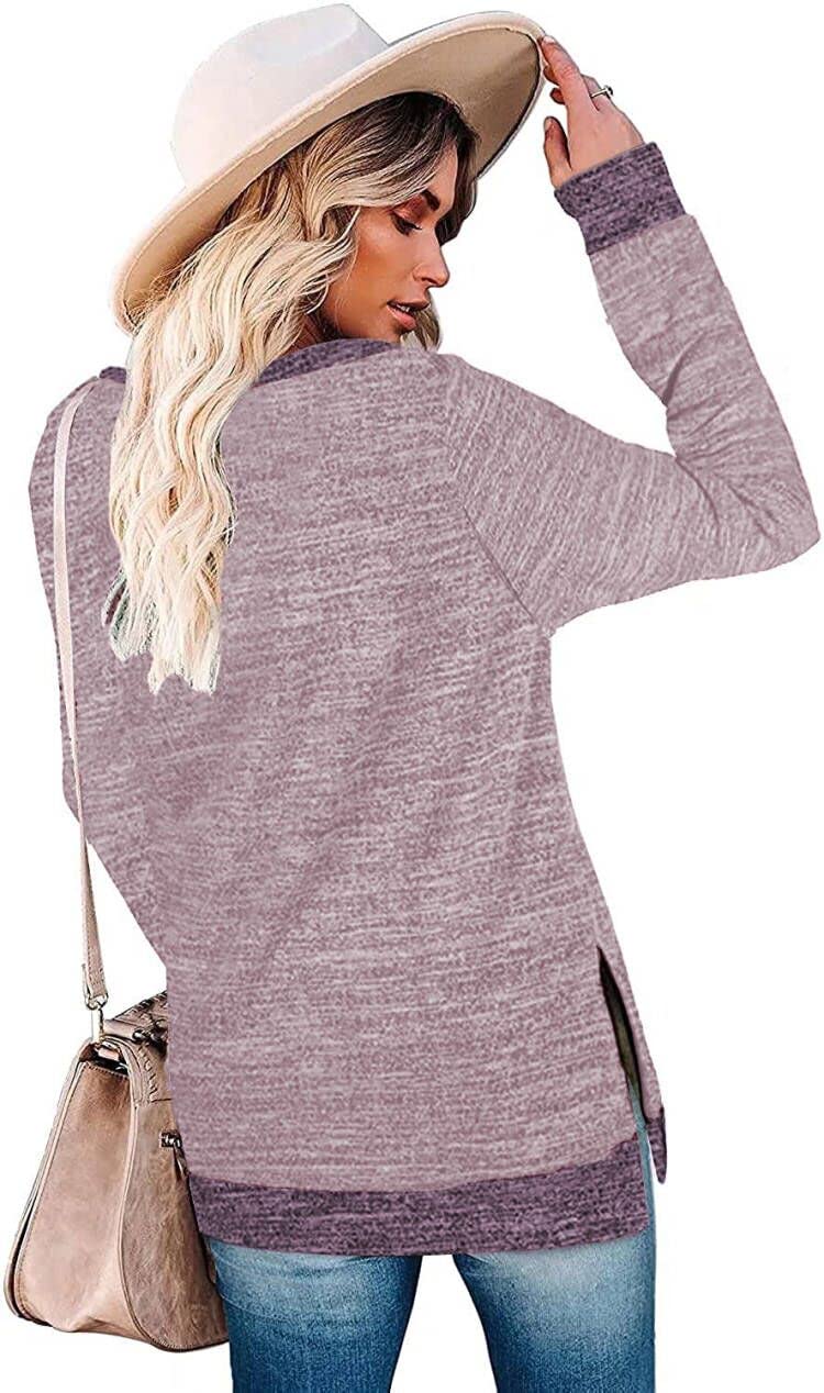 Womens Crewneck Pullovers Color Block Long Sleeve Side Split Tunic Tops