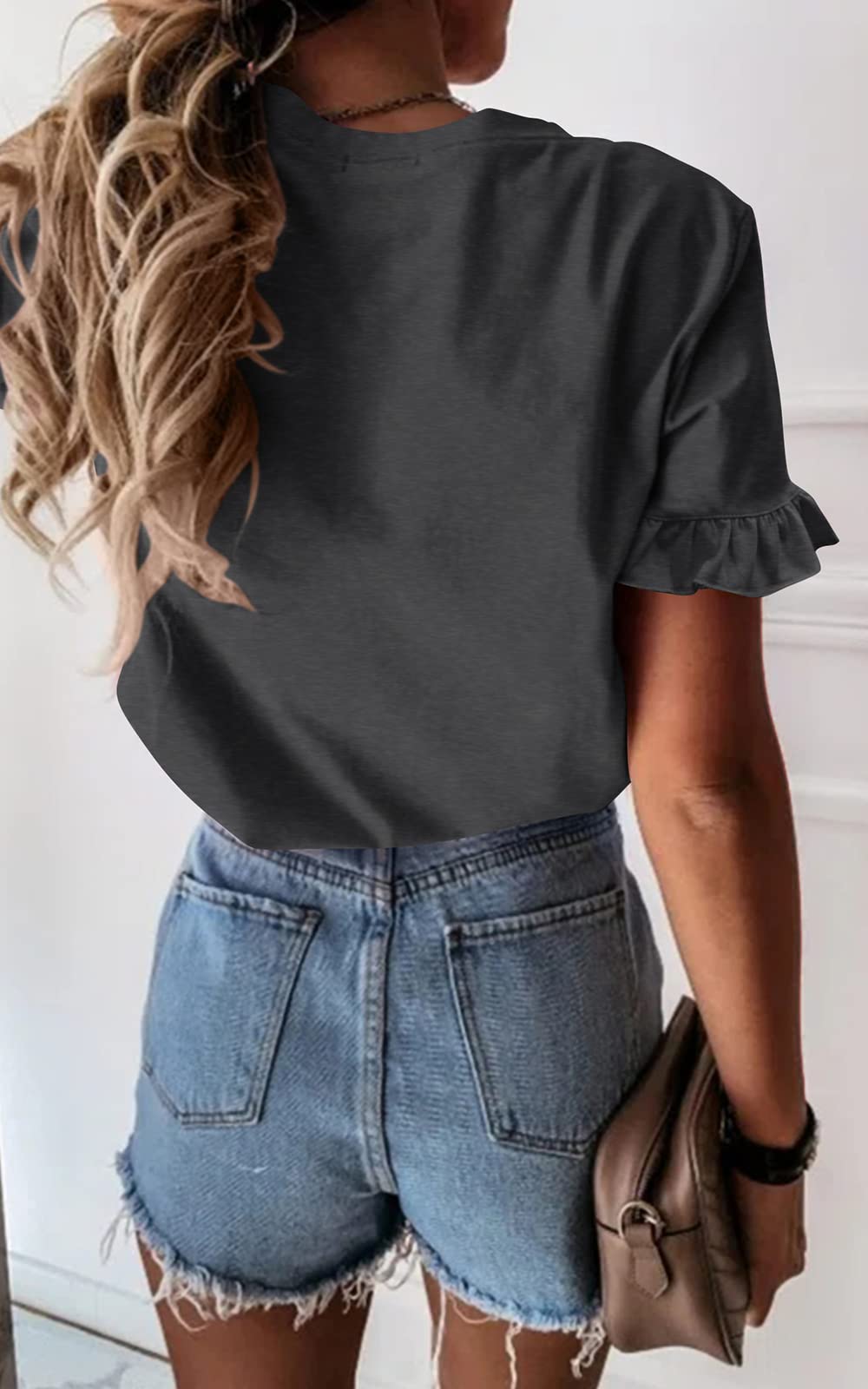 Women's Short Sleeve Casual T Shirts Summer Ruffle Plain Round Neck Loose Fit Tee Blouse Tops