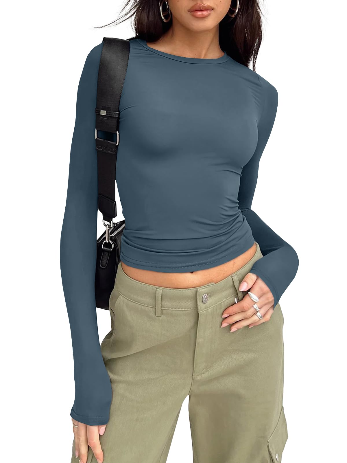 Trendy Queen Womens Long Sleeve Shirts Basic Crop Tops Tight Slim Fit Cute Teen Girls Fall Winter Y2k Clothes