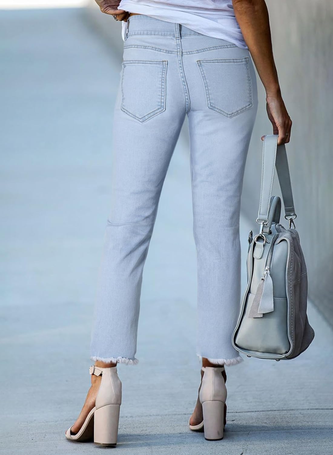 Women's High Waisted Jeans Strechy Raw Hem Straight Leg Denim Pants with Pockets