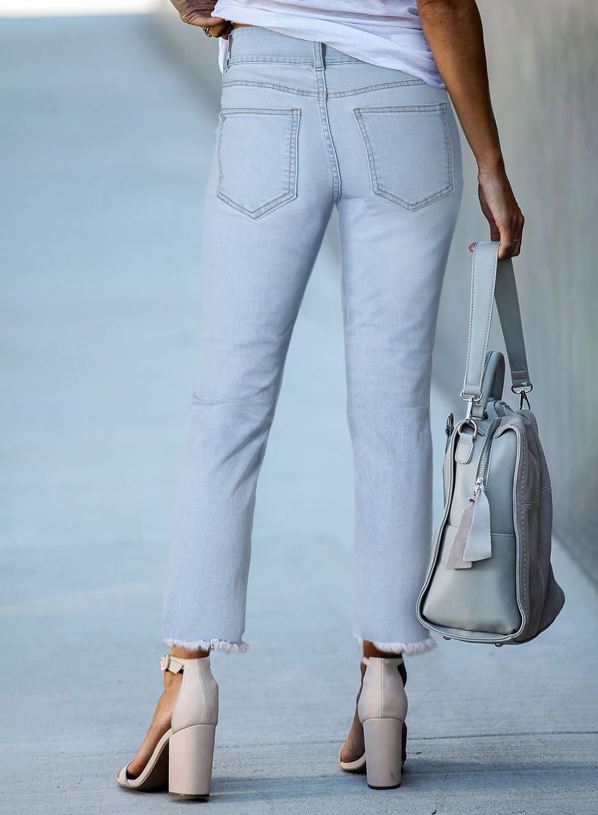 Women's High Waisted Jeans Strechy Raw Hem Straight Leg Denim Pants with Pockets