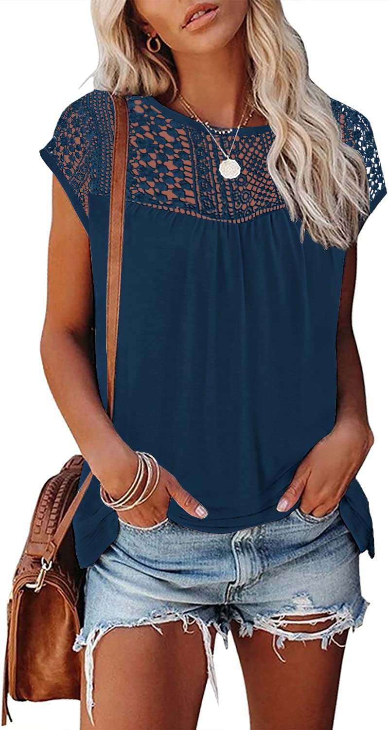Womens Cap Sleeve Tops 2024 Trendy Floral Print Summer Tops Loose Fit Lace T Shirts Blouses