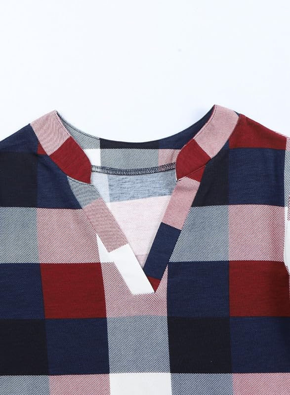 Womens Basic Casual V Neck Plaid Print Cotton Cuffed Long Sleeve Work Tops Blouses Shirts S-3XL