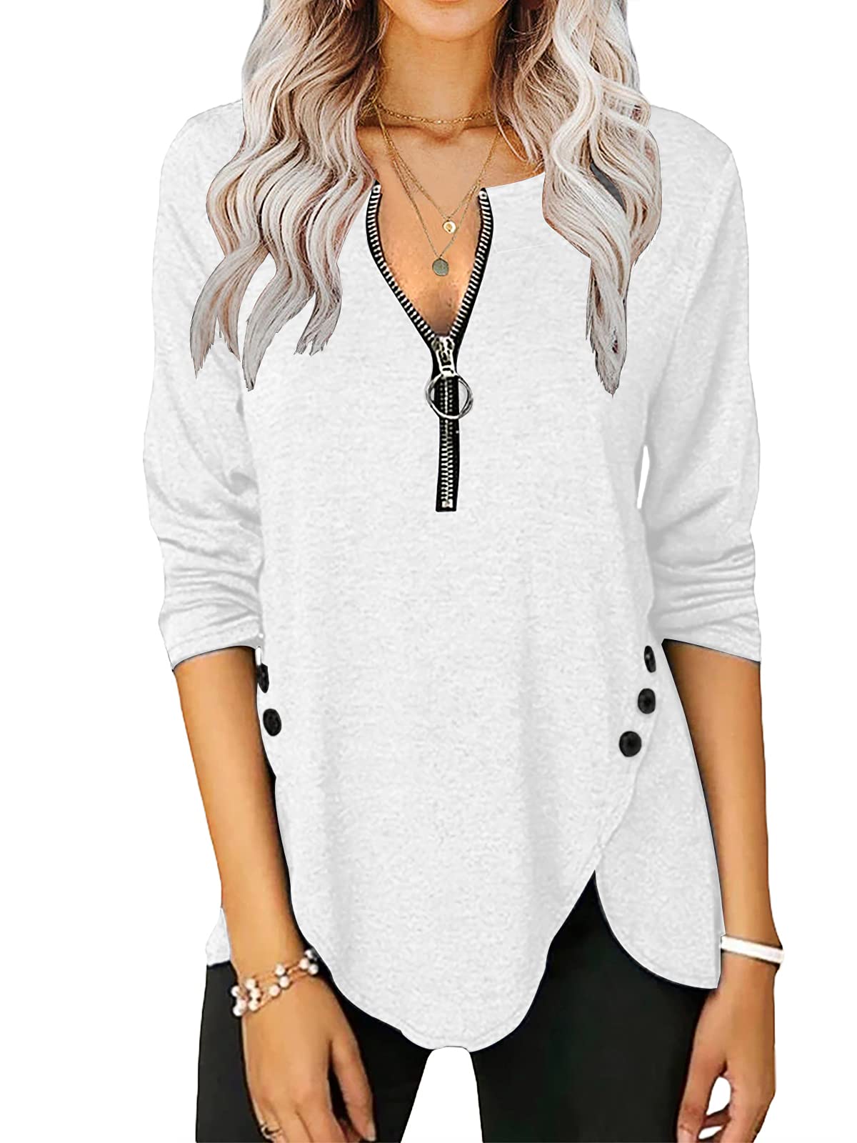 Womens Casual Long Sleeve Tunic Shirts Round Neck Button Side Blouses Tops