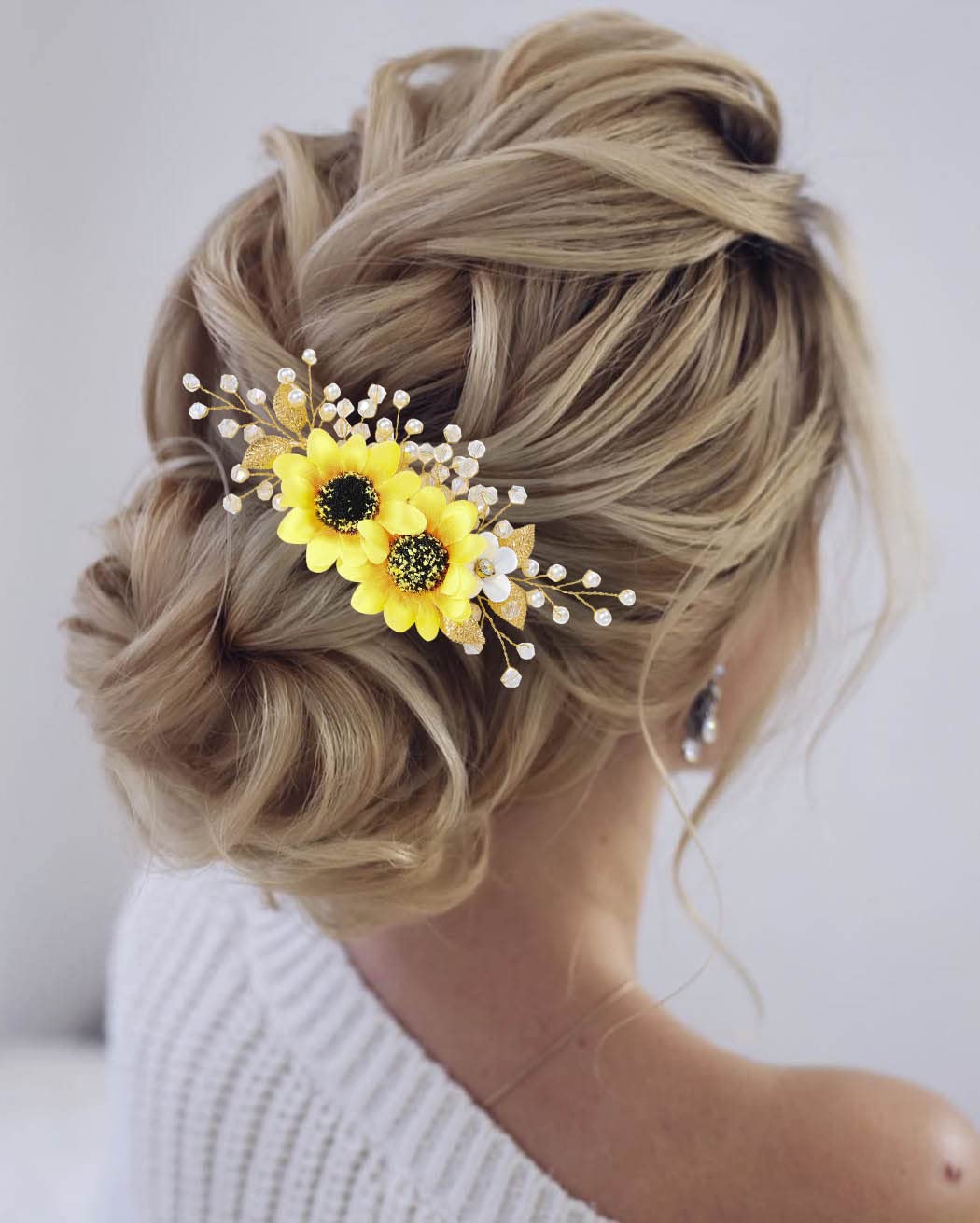 Jeairts Sunflower Bride Wedding Hair Comb Crystal Pearl Bridal Hair Pieces Leaf Side Combs Hair Dress Decorative Hair Accessories for Women and Girls (1-Silver)
