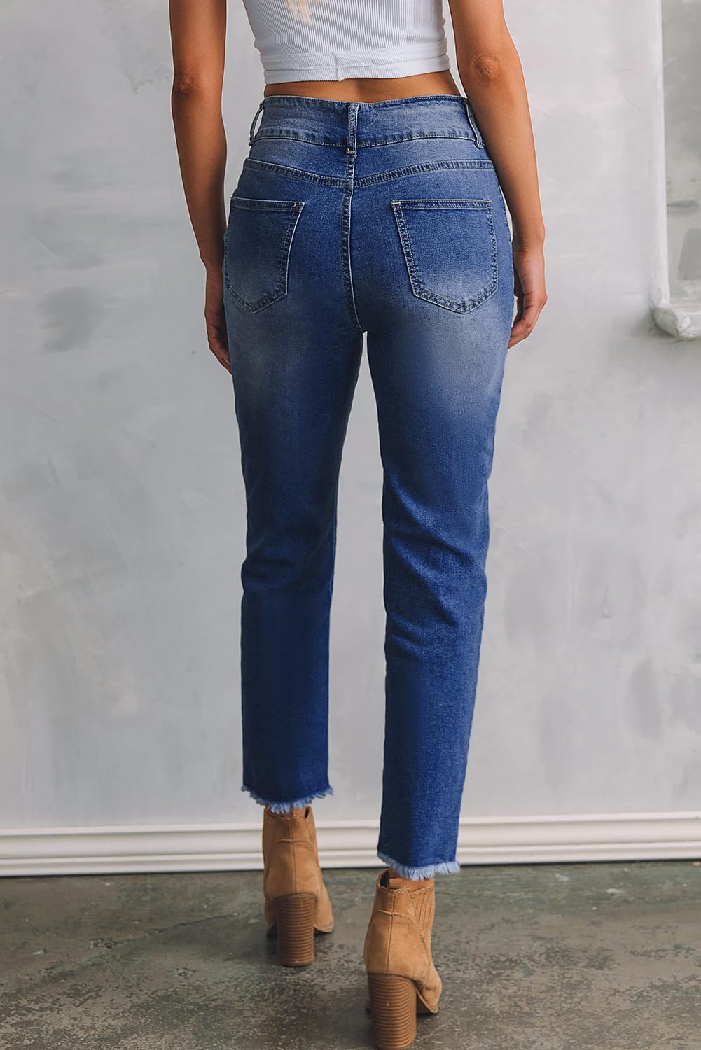 Women's High Waisted Jeans Strechy Raw Hem Straight Leg Denim Pants with Pockets