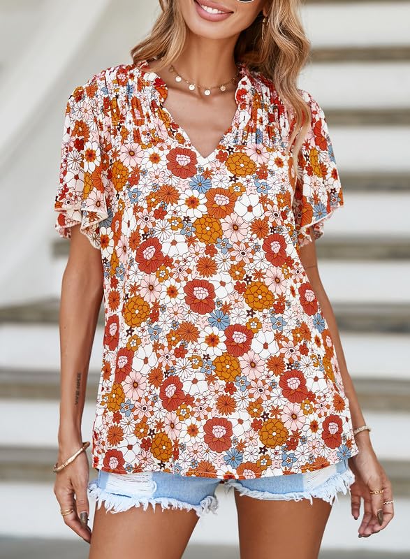Women's Casual V Neck Floral Print Smocked Short Sleeve Chiffon Blouses Bohemian Top Shirts