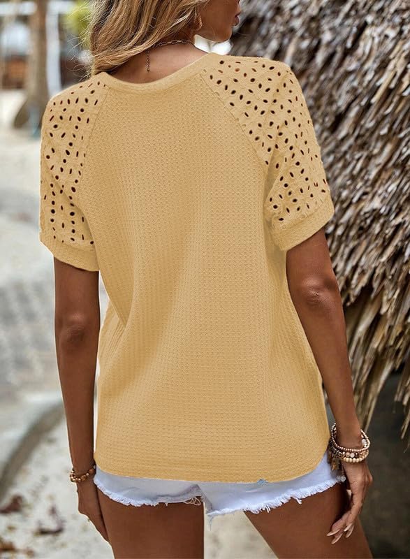 Women's Waffle Knit Tops Casual Crew Neck Hollow Out Raglan Short Sleeve Summer T-Shirts Blouses