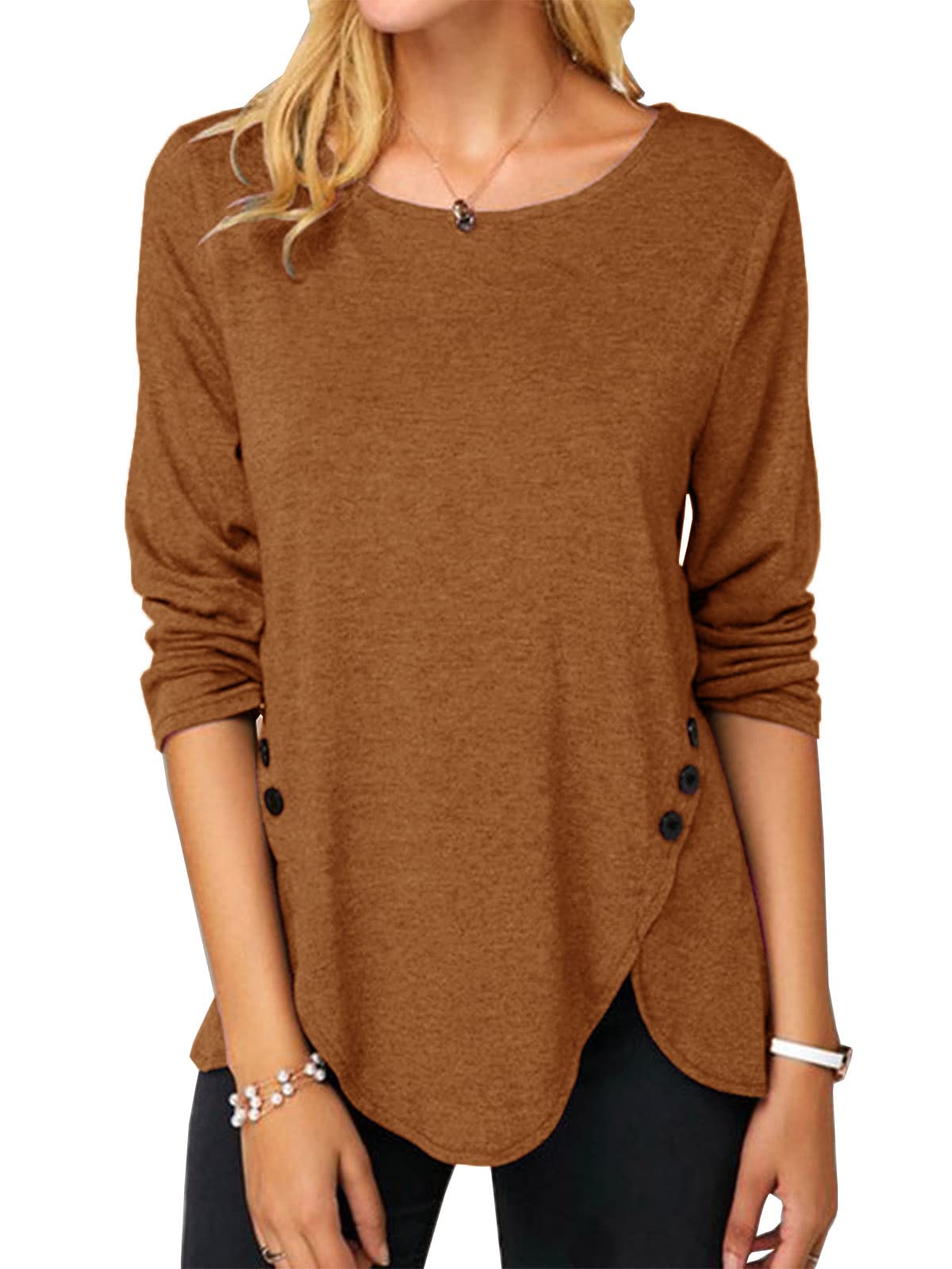 Womens Casual Long Sleeve Tunic Shirts Round Neck Button Side Blouses Tops