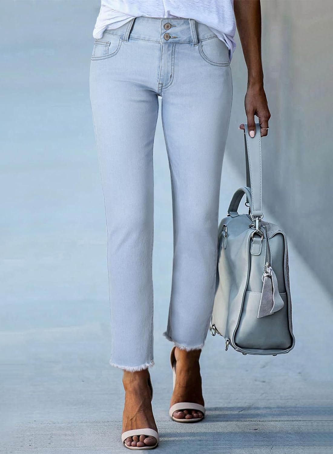 Women's High Waisted Jeans Strechy Raw Hem Straight Leg Denim Pants with Pockets