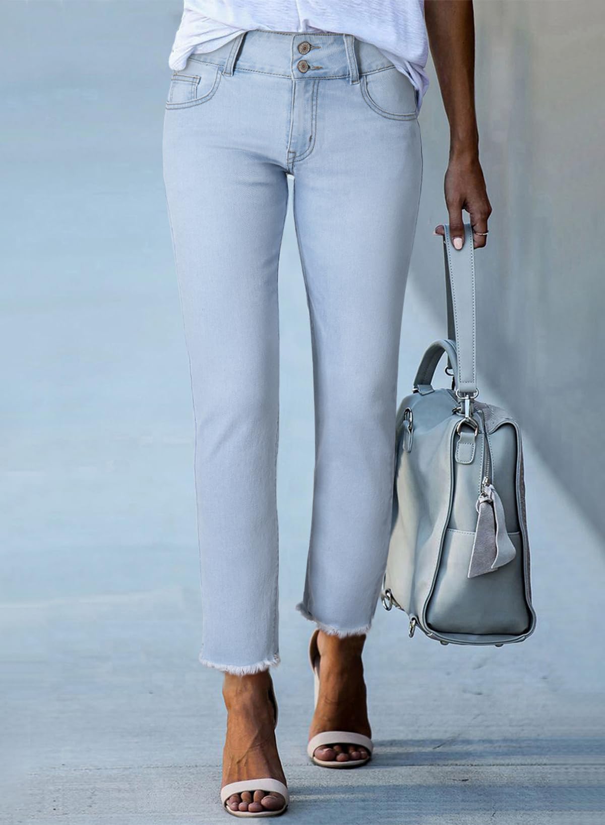 Women's High Waisted Jeans Strechy Raw Hem Straight Leg Denim Pants with Pockets