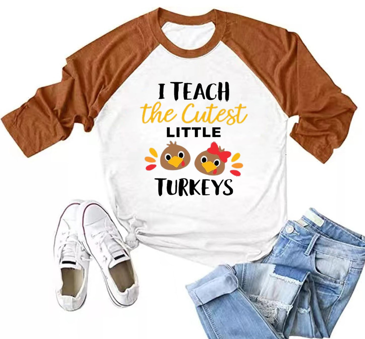 Thankful for My Little Turkeys Shirt Women Thanksgiving Tshirt Cute Graphic Raglan 3/4 Sleeve Baseball Tee Tops