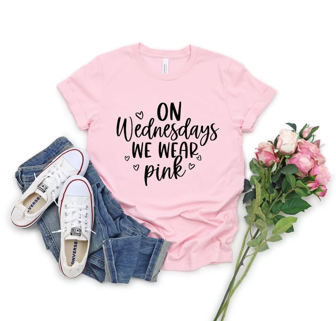 On Wednesday We Wear Pink Shirt Women Breast Cancer T Shirt Short Sleeve Print Tees Gifts for Girls Matching Outfits Top