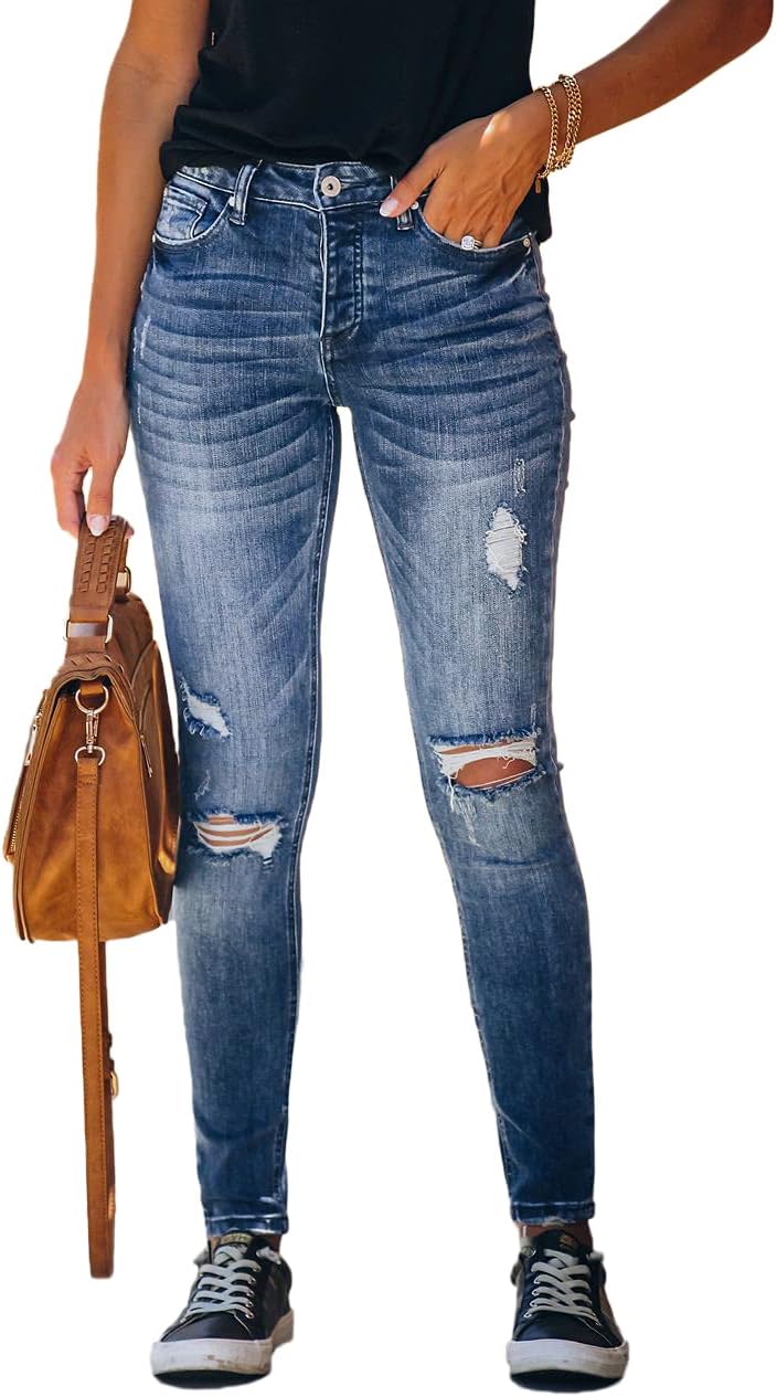 Women's High Rise Skinny Stretch Ripped Jeans High Waisted Destroyed Denim Pants